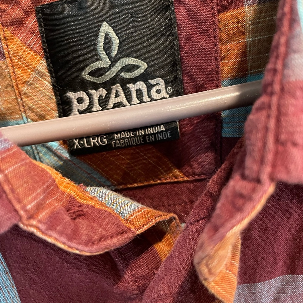 prAna Ecto SS Men’s XL short sleeve Button up plaid western shirt burgundy blue - Picture 3 of 8